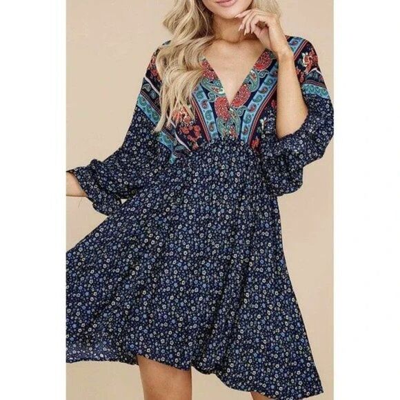 Umgee Dresses & Skirts - UMGEE Boho Mini Dress Size Medium Floral V Neck Patchwork Ditsy Cottagecore
